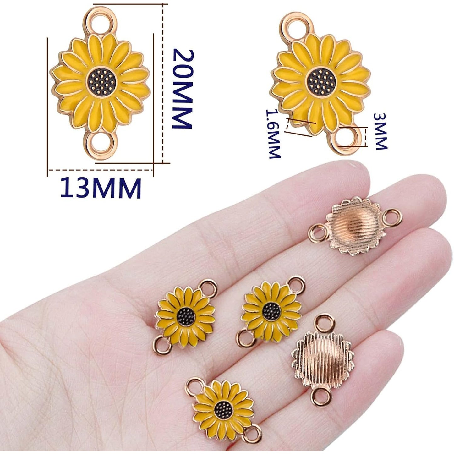 30pcs Enamel Flower Charms Connectors Links Yellow Alloy Floral Sunflower Daisy Flower Dangle Pendants with Double Loops for DIY Bracelet Earring Necklace Jewelry Making