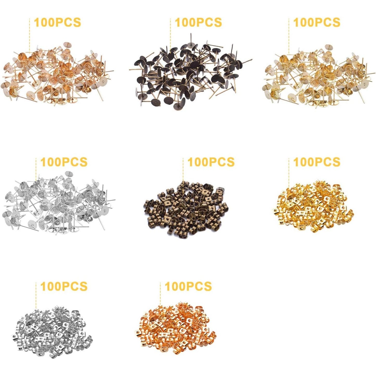 Hypoallergenic Earring Findings,400pcs Stainless Steel Earrings Posts Flat Pad with 400pcs Butterfly Earring Backs for Earring Making,4 Colors