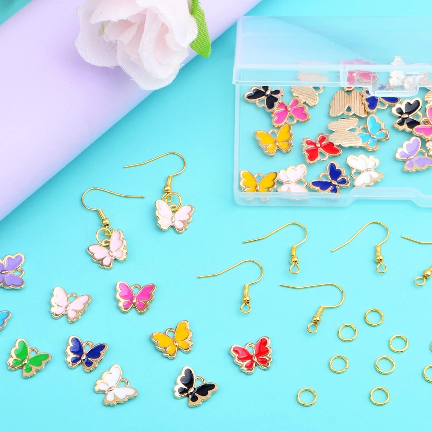 40pcs 10 Colors Enamel Butterfly Charm Pendants and 40pcs Golden Plated Earring Hooks with 80pcs Open Jump Rings, A Plastic Box for DIY Jewelry Making Handmade Supplies