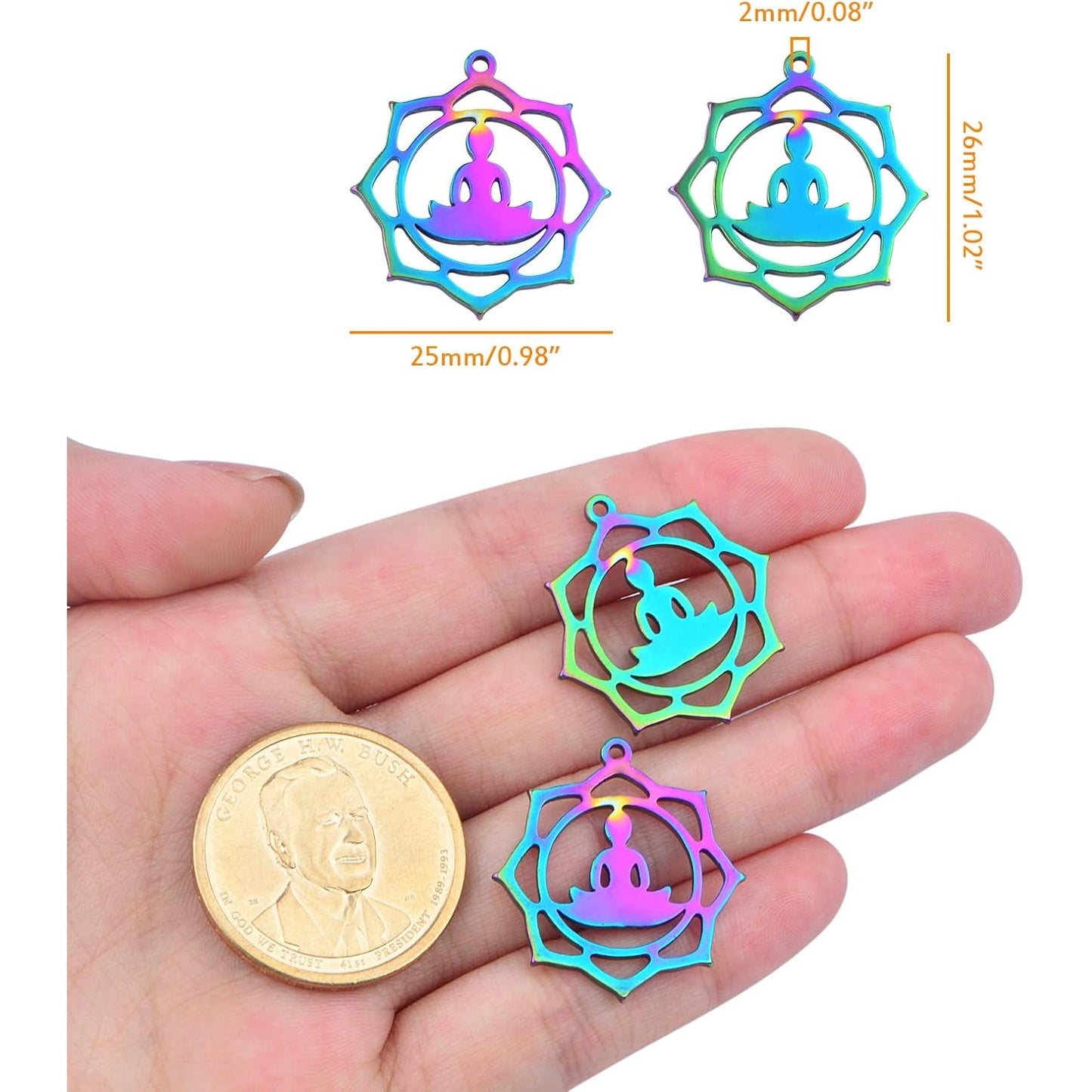 10pcs Stainless Steel Buddha on a Lotus Flower Charms Hypoallergenic Round Hollow Lotus Flower Buddhist Pendant Charms for DIY Necklace Earrings Jewelry Making Supplies, Rainbow Color