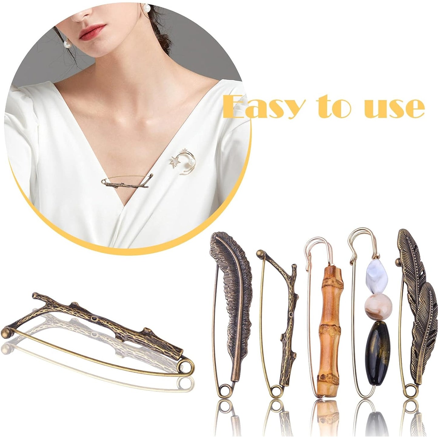 5pcs Vintage Chic Brooch Extra Large Safety Pins Heavy Duty Safety Pins Accessories for Women Men Clothing Sweaters Shawls Collars Scarf Blankets Crafts, 5 Styles