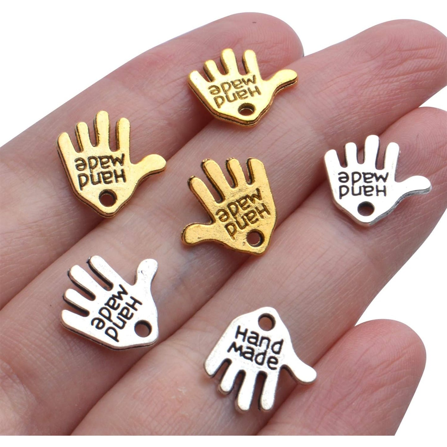 Hand Shaped Charms, 100pcs Tibetan Hand Shaped Charms Hand Made Tag Signs Pendants Carved Tone for Fashionable Jewelry Making Charms Crafting Sewing, Antique Golden, Antique Silver