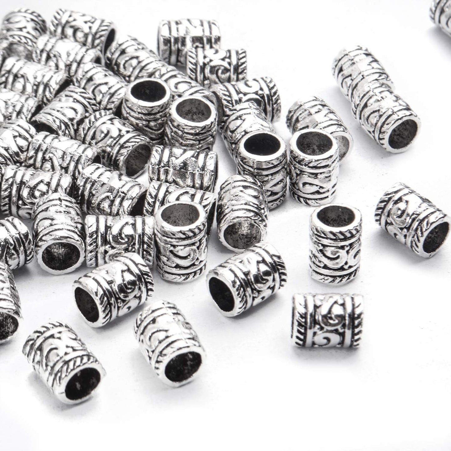 100pcs Antique Silver Spacer Beads Large Hole Beads Charms Hollow Tube Bead for DIY Necklace Bracelets
