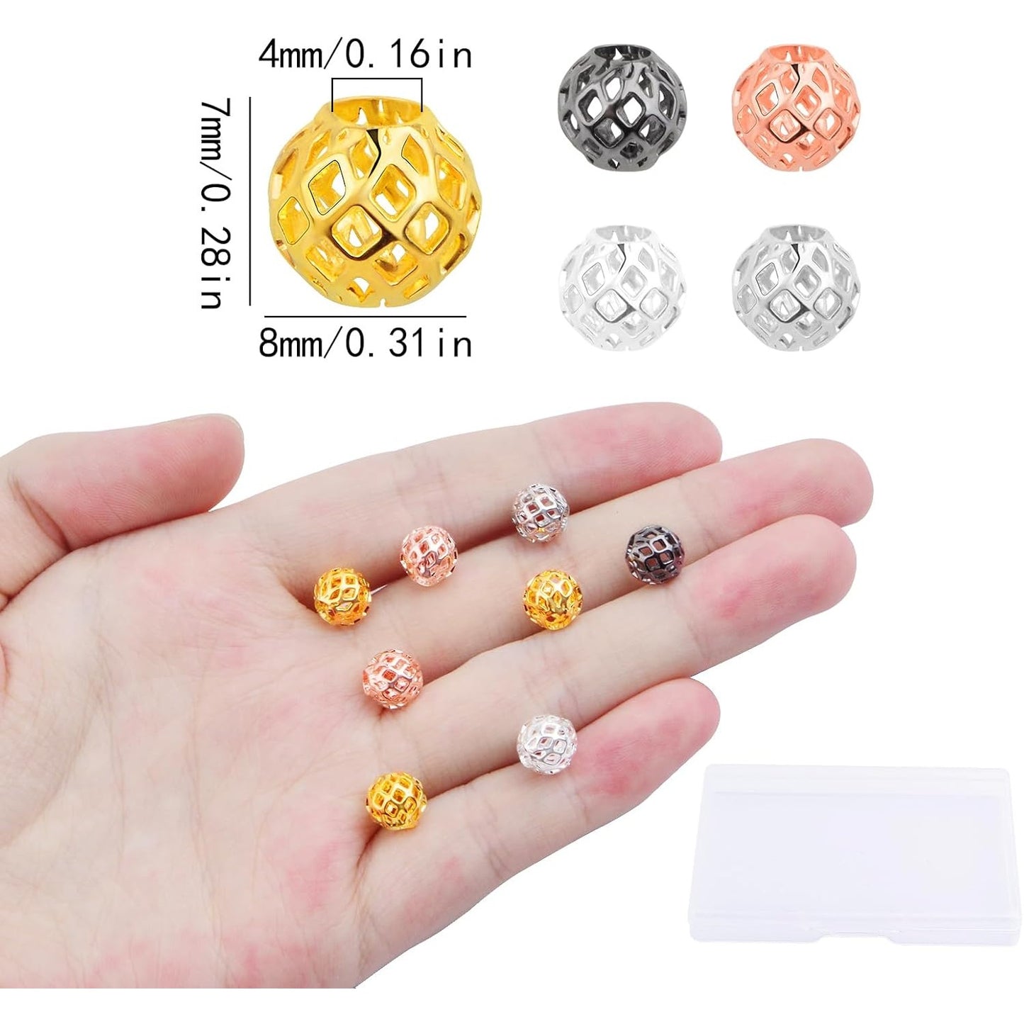 50pcs 8 mm Round Hollow Spacer Beads Brass Filigree Hollow Out Large Hole Loose Ball Beads with a Box for DIY Bracelet Necklace Earrings Jewelry Making, 5 Colors, Hole: 4 mm