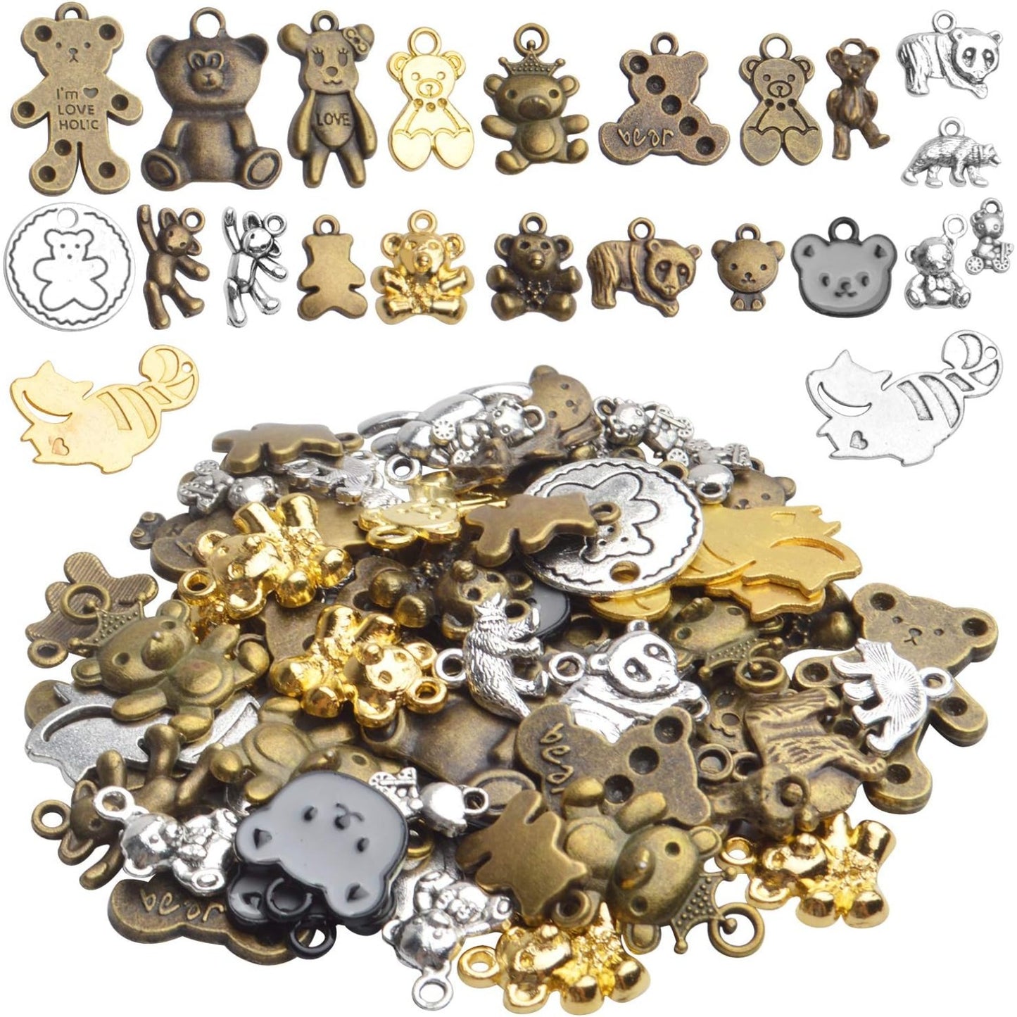 Bear Pendant Charms, 100g(About30-60pcs) Mixed Smooth Metal Alloy Bear Pendant Charms Lovely Teddy Bear Charm Necklace Bracelet Accessory for DIY Fashion Jewelry Making
