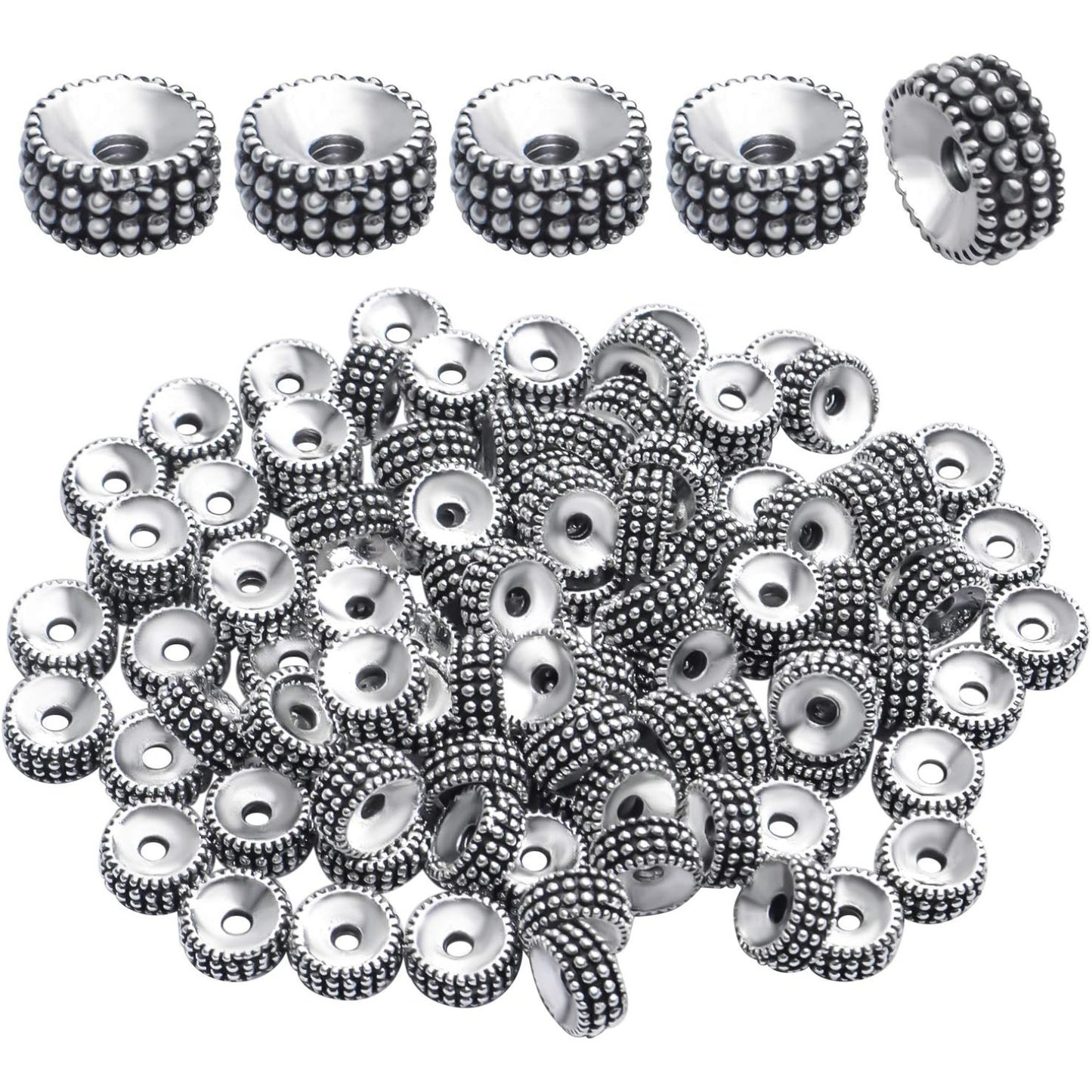 100pcs Silver Alloy Beads Loose Beads Rondelle Shiny Spacer Beads Tibetan Antique European Large Hole Spacers for Bracelet Necklace DIY Jewelry Making,7.5 * 3.5mm