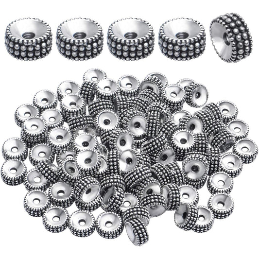100pcs Silver Alloy Beads Loose Beads Rondelle Shiny Spacer Beads Tibetan Antique European Large Hole Spacers for Bracelet Necklace DIY Jewelry Making,7.5 * 3.5mm