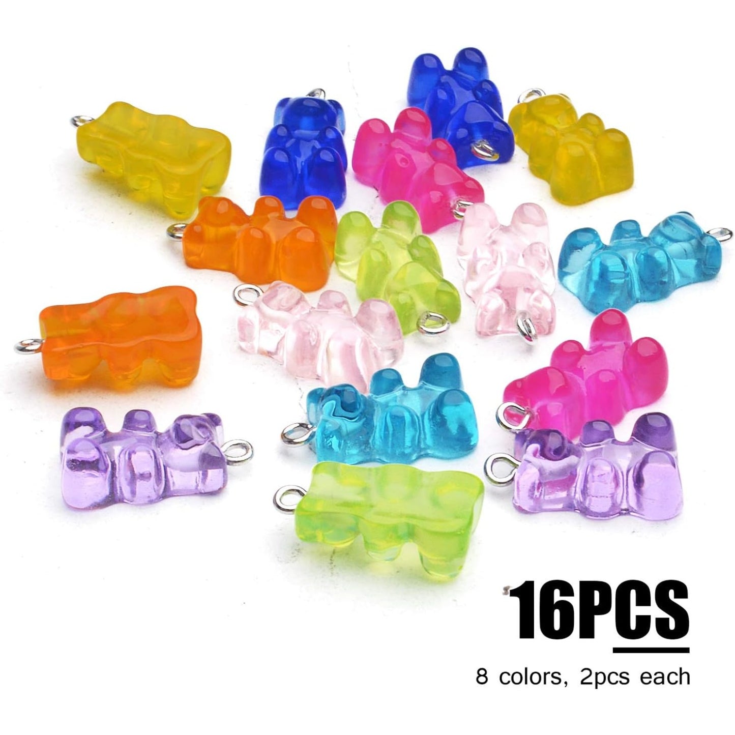 Gummy Bear Pendant, 16pcs Resin Gummy Bear Charm Colorful Candy Gummy Charms Bear Pendant Keychains Craft Supplies Accessories for DIY Necklace Earring Jewelry Making, 8 Colors, 22x11mm