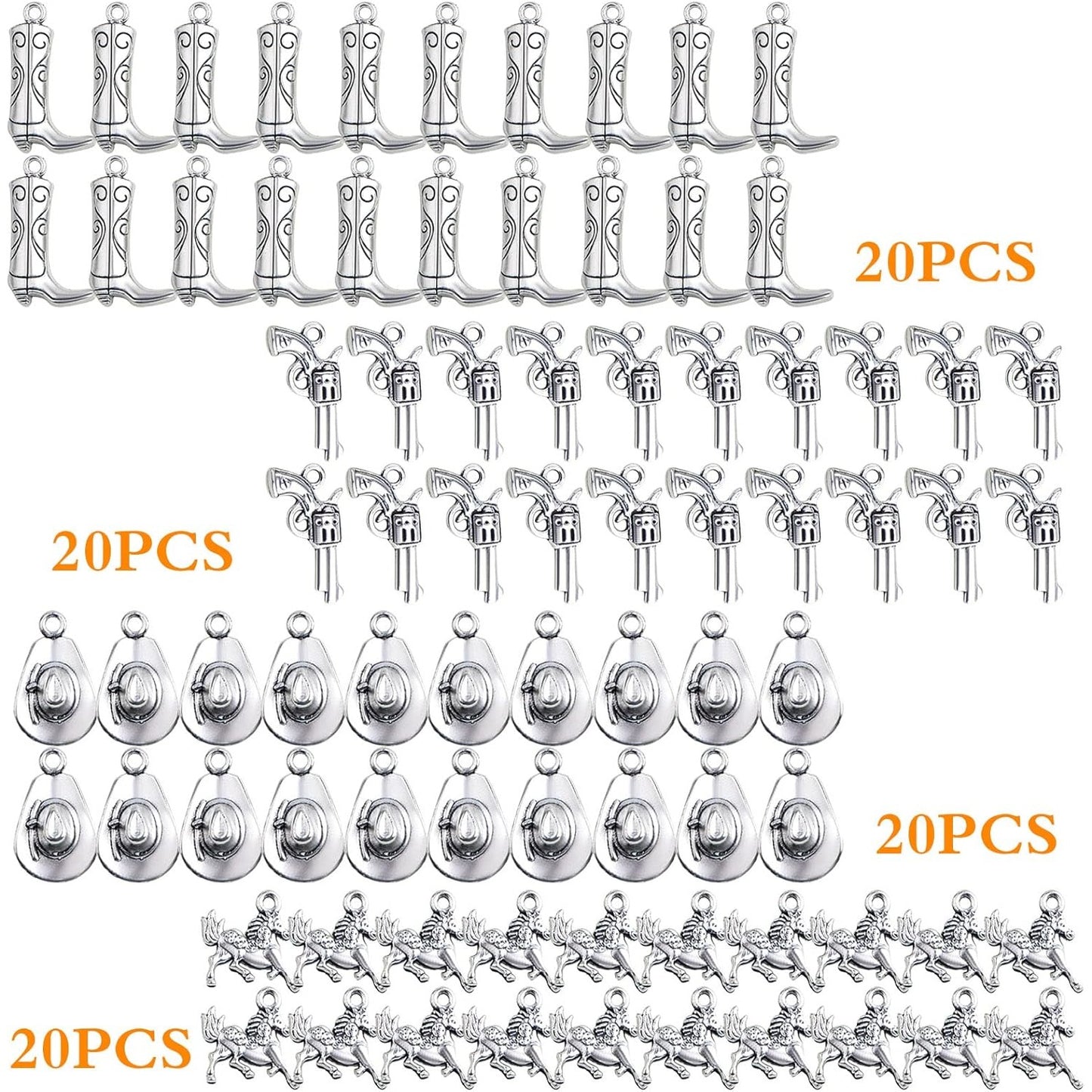 80pcs Antique Silver Western Cowboy Theme Charms Vintage Alloy Mixed Western Horse Boot Gun Pendants Charms for DIY Bracelet Necklace Earrings Jewelry Making, 4 Styles