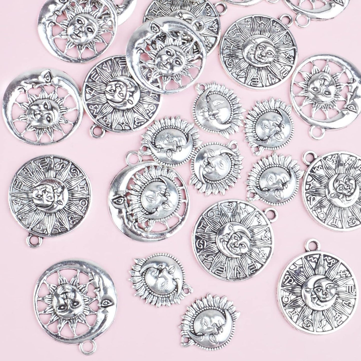 30pcs 3 Styles Sun and Moon Charms Vintage Alloy Sun Smile Face Pendants Celestial Dangle Charms for DIY Necklace Crafts Jewelry Making, Antique Silver