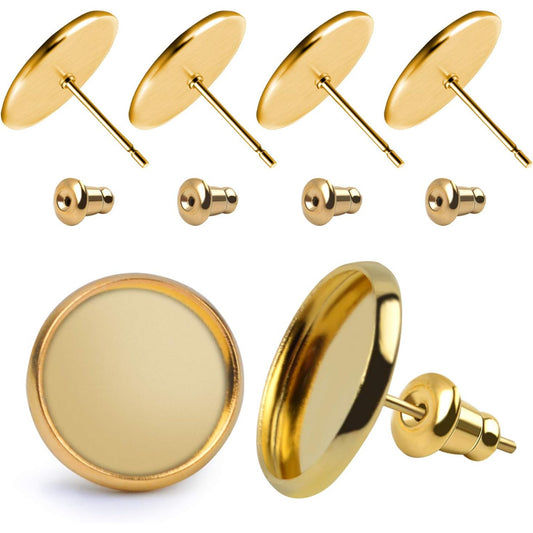 50 Pieces Stainless Steel Stud Gold Earring Cabochon Setting Post Cup for 12mm and 50 Pieces Bullet Clutch Earrings Safety Backs
