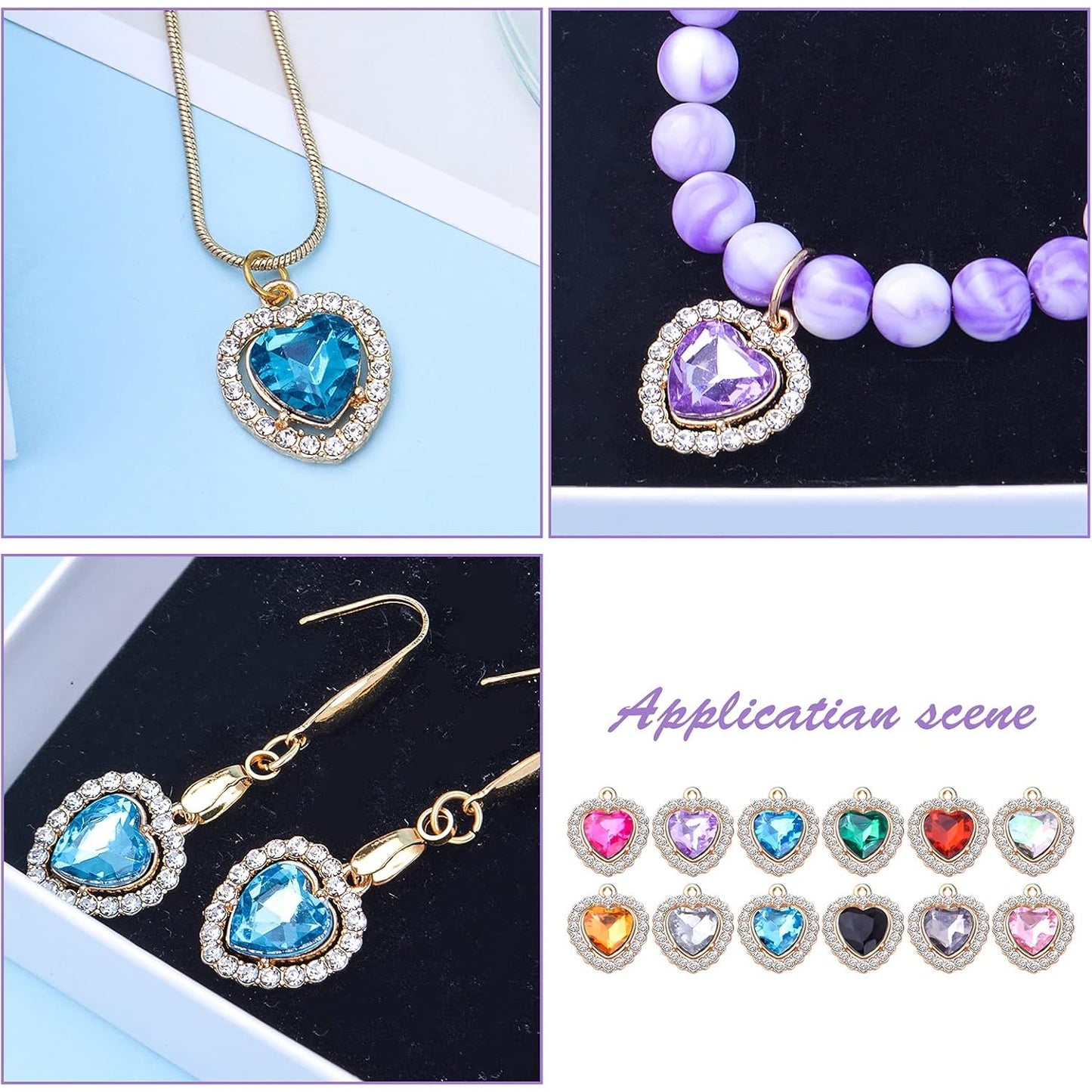 24pcs 12 Colors Rhinestone Heart Charms Cubic Zirconia Alloy Crystal Beads Pendants Charms for DIY Earrings Necklace Bracelet Crafts Jewelry Making Tiny Dangle Accessories