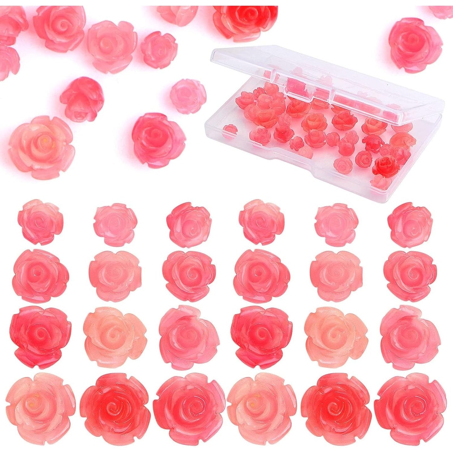 40pcs Shell Carved Rose Flower Beads Pink Rose Spacer Beads Flower Loose Beads Embellishments with a Box for DIY Crafts Scrapbooking Jewelry Making,4 Sizes