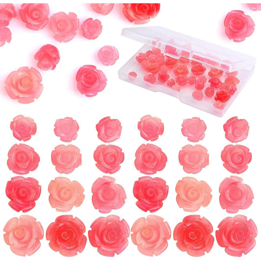 40pcs Shell Carved Rose Flower Beads Pink Rose Spacer Beads Flower Loose Beads Embellishments with a Box for DIY Crafts Scrapbooking Jewelry Making,4 Sizes