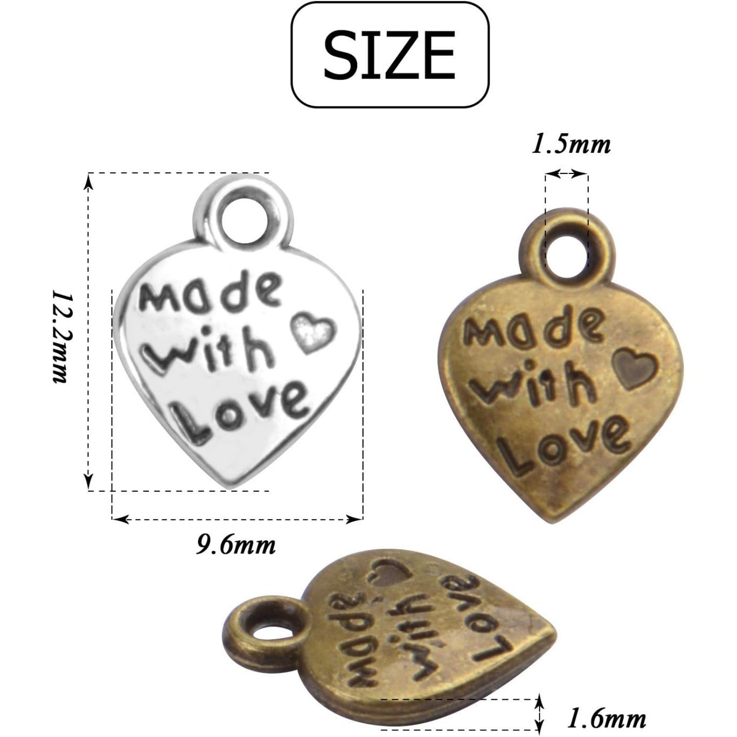 100pcs Peach Heart Shape MADE WITH LOVE Charm pendant for DIY Crafting jewelry Making(Antique Silver and Bronze)