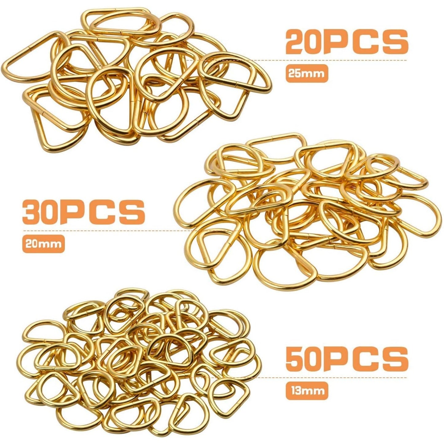 100pcs Multi-Purpose Metal D Rings Semi-Circular D Rings Hardware DIY Accessories for Bags Pet Collars Chain Bags,Gold,1/2inch,3/4inch and 1 inch