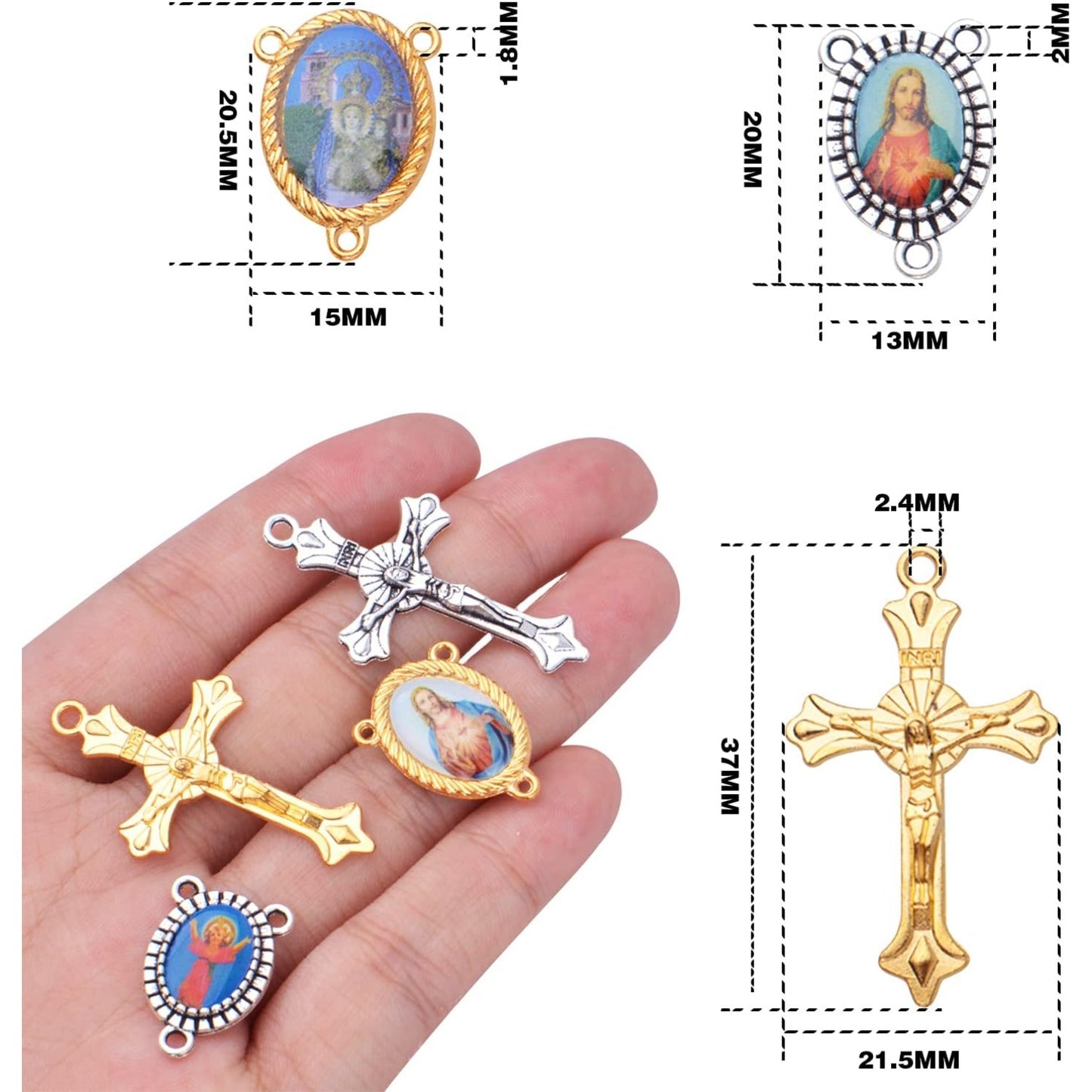 20pcs Rosary Cross Center Charms Pendants and 20pcs Mixed Picture Miraculous Jesus Maria Our Lady Crucifix Catholic Virgin Oval Chandelier Links for DIY Rosary Necklace Bracelet Jewelry Making