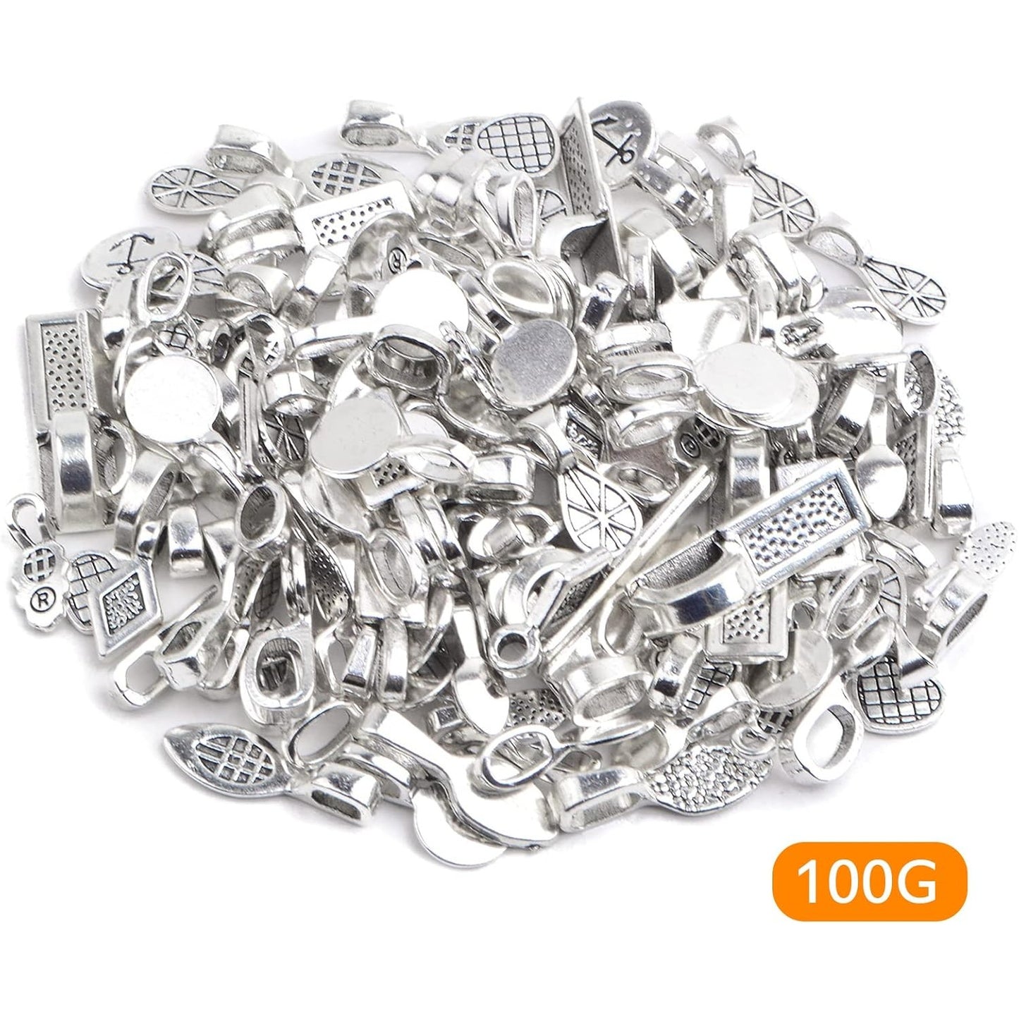 100 Gram Mixed Styles Tibetan Glue-on Bails Pendants Alloy Earring Bails Scrabble Making Supplies Glass Cabochon Tiles for DIY Necklace Bracelet Jewelry Making, Antique Silver