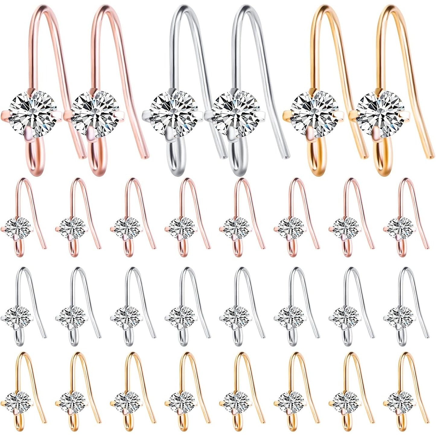 30pcs 3 Colors French Diamonds Earring Hooks Brass Ear Wire Fish Hook Earrings Hypo-allergenic Elegant Dangle Earrings for DIY Jewelry Crafts Making Wedding Prom
