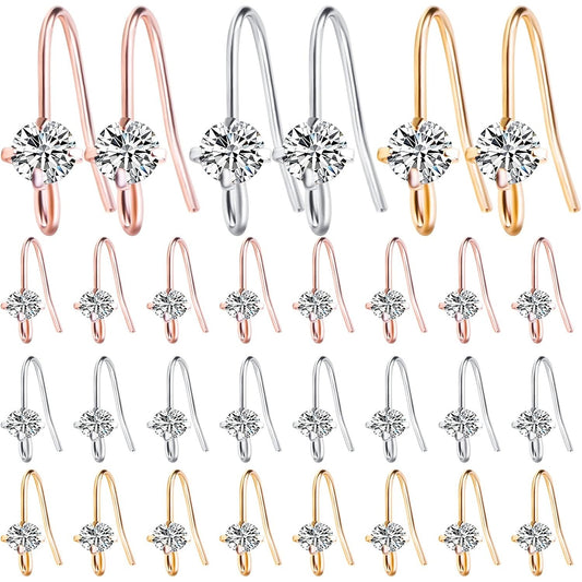 30pcs 3 Colors French Diamonds Earring Hooks Brass Ear Wire Fish Hook Earrings Hypo-allergenic Elegant Dangle Earrings for DIY Jewelry Crafts Making Wedding Prom