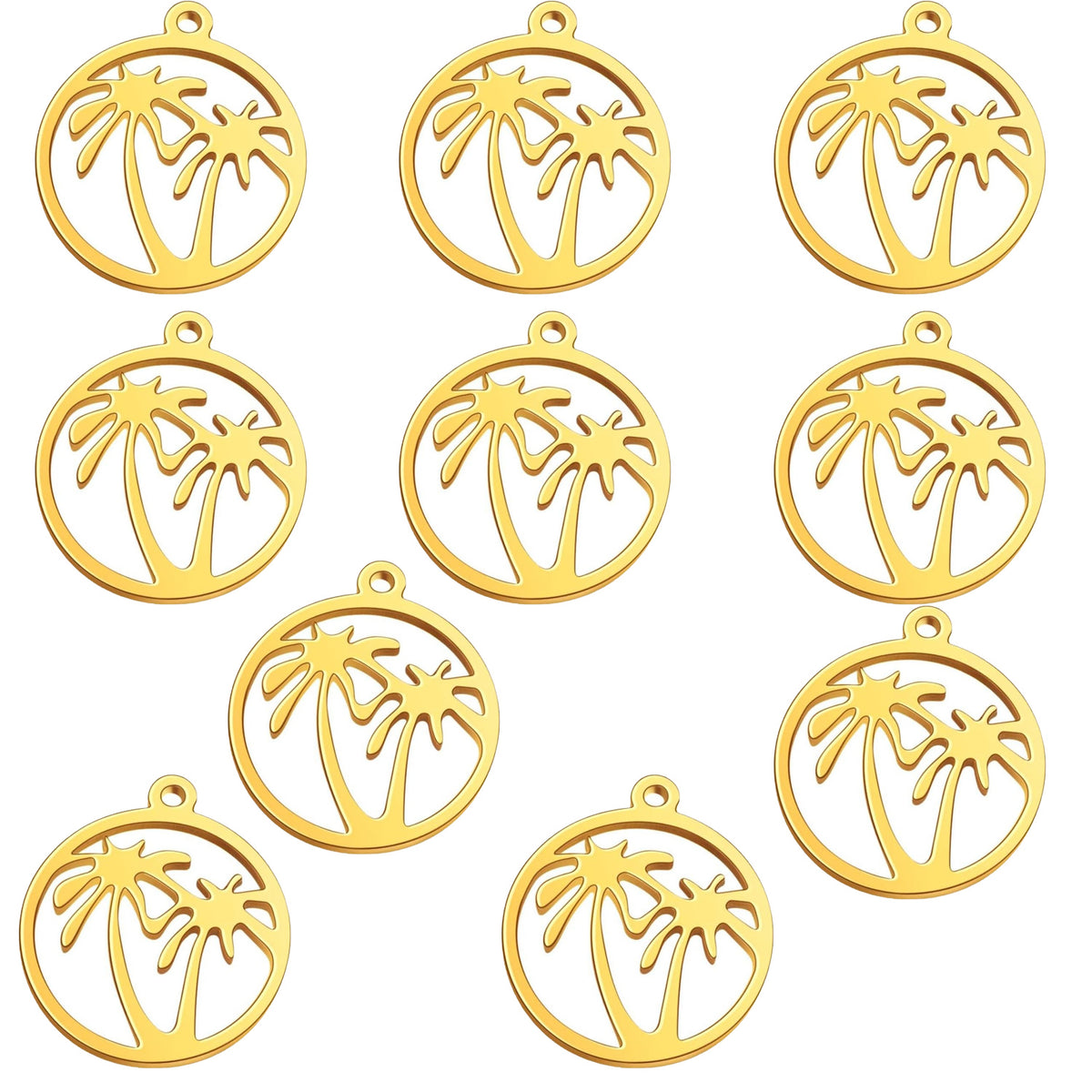 10pcs 2 Colors Stainless Steel Round Ring with Coconut Tree Charms Hypoallergenic Hawaii Tropical Plant Tree Pendants for DIY Necklace Bracelet Keychains Jewelry Making