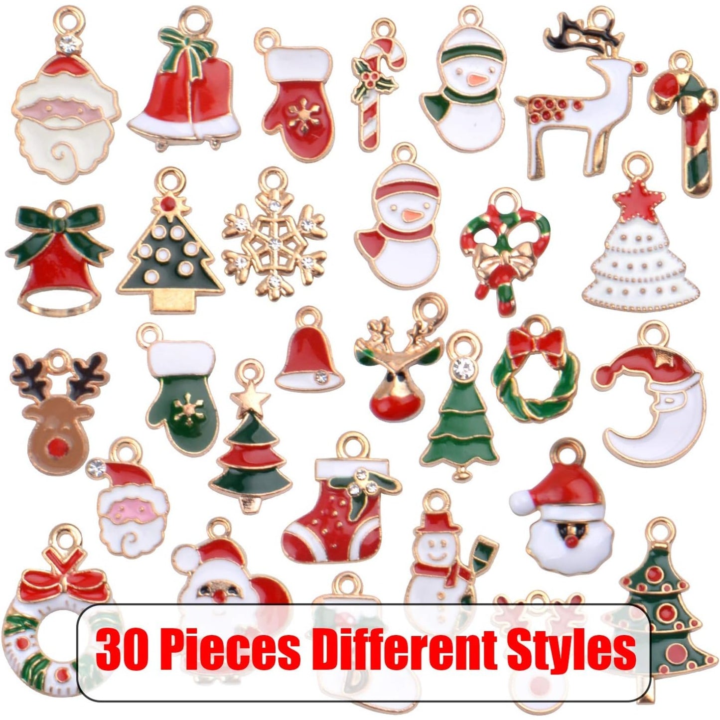Christmas Charms Collection, 30 Pieces Gold Plated Enamel Christmas Tree Santa Claus Snowflake Socks Charm Metal Pendant for DIY Jewelry Making Necklace Bracelet Earring