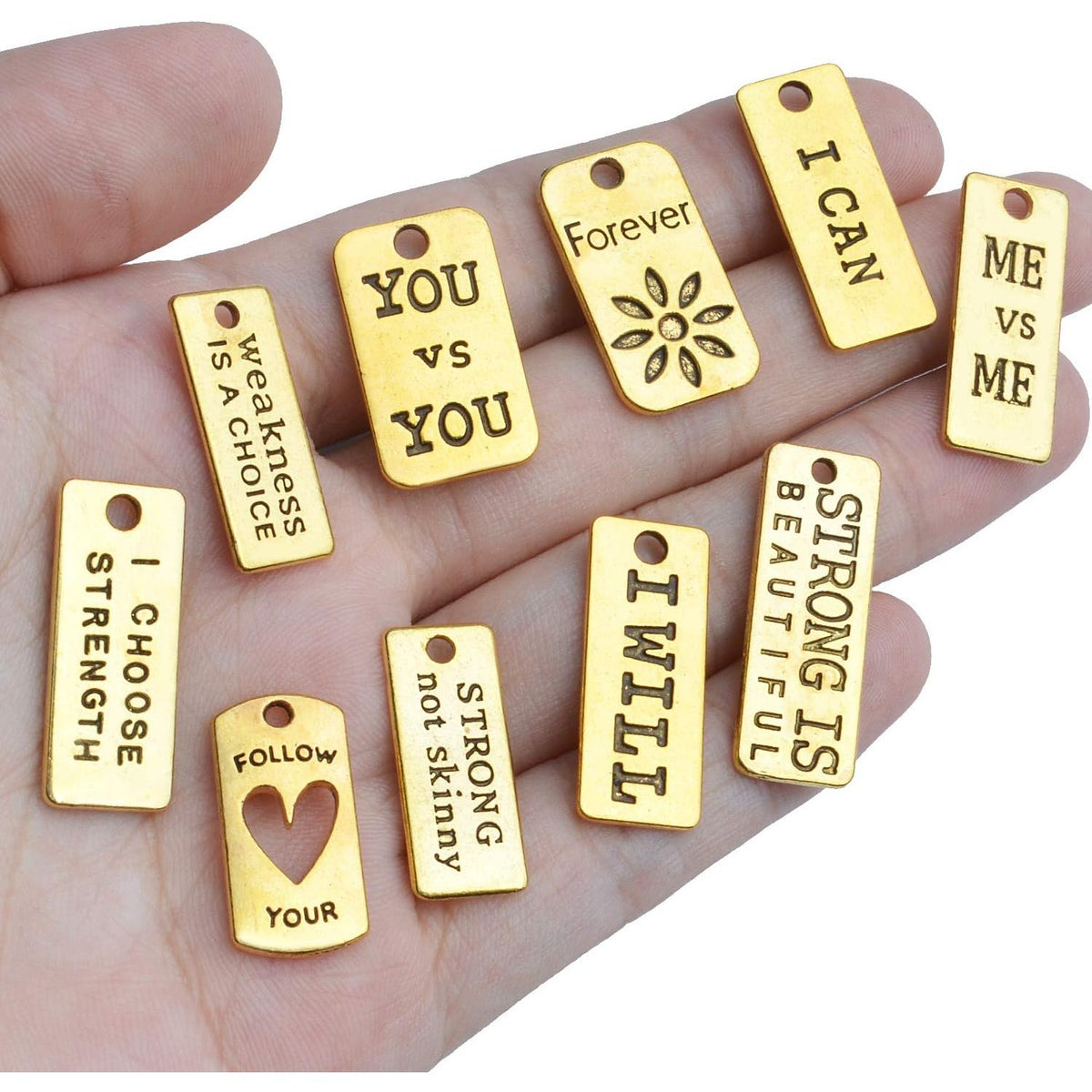 Word Pendants Charms,50pcs Inspiration Words Charms Golden Lettering Pendants Engraved Message Charm Craft Supplies for Jewellery Making DIY Necklace Bracelet Earrings,10 Styles
