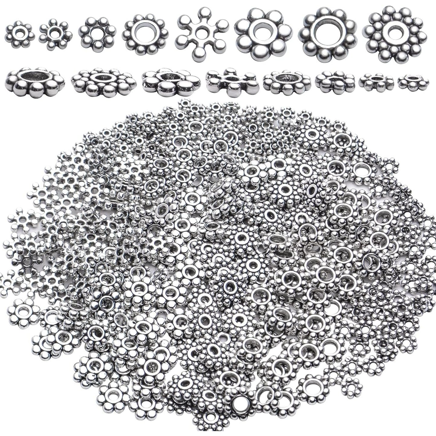 400pcs Tibetan Silver Snowflake Spacer Beads Assorted Daisy Spacer Beads Metal Spacers for DIY Jewelry Making, 8 Styles