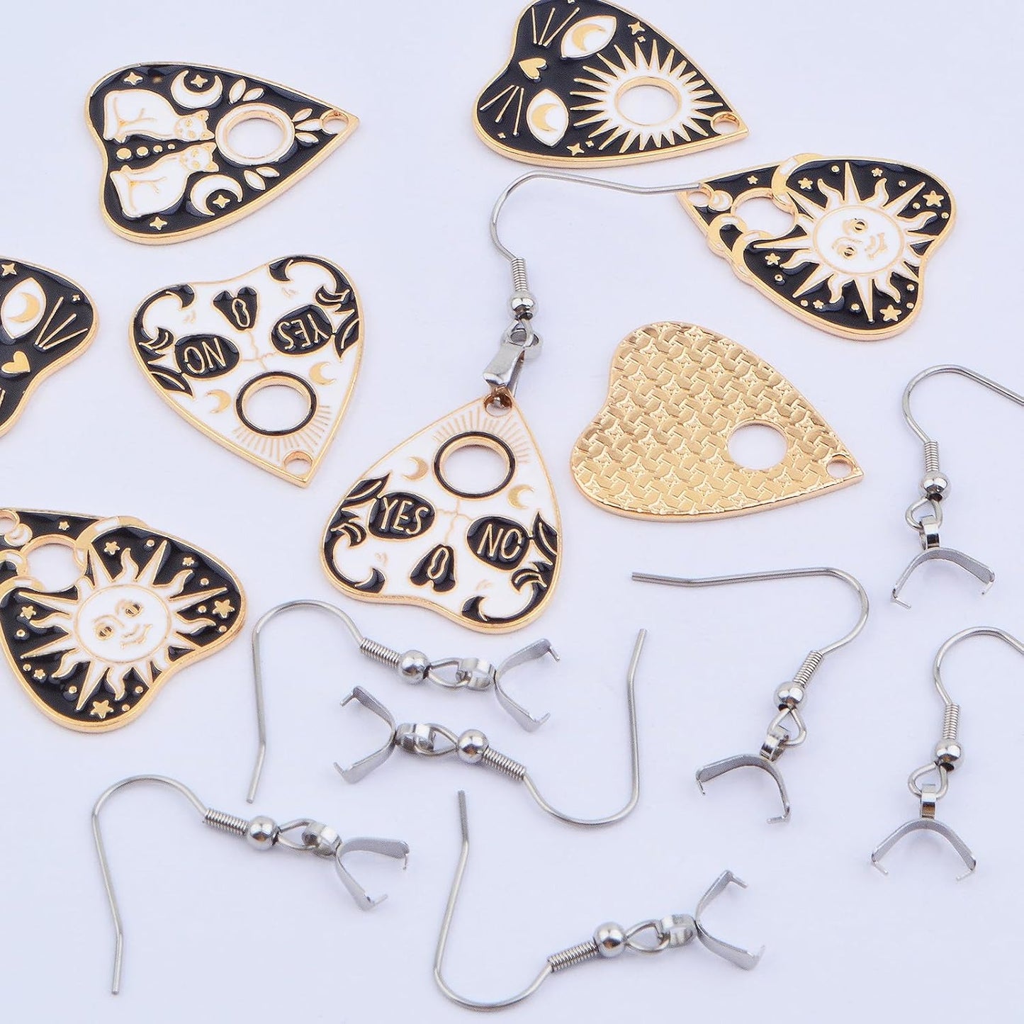 4 Styles Alloy Love Heart Gothic Style Cat Charms Black White Enamel Cute Heart Kitty Sun Eye Pendants and 8pcs Silver Earring Hooks with Pendant Clasps for DIY Earrings Jewelry Making
