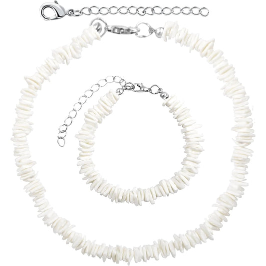White Puka Shell Necklace Hawaiian Seashell Beach Surfer Choker Adjustable Handmade Beaded Summer Pooka Shells Clam Chips Necklace Bracelet Jewelry Set for Adult Teens Men Women