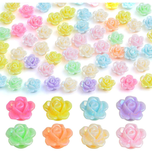 200 Pieces 12 mm Acrylic Rose Flower Beads Random Mixed AB Iridescent Roseflower Beads Resin Colorful Rose Loose Beads for DIY Crafts Jewelry Making Decoration