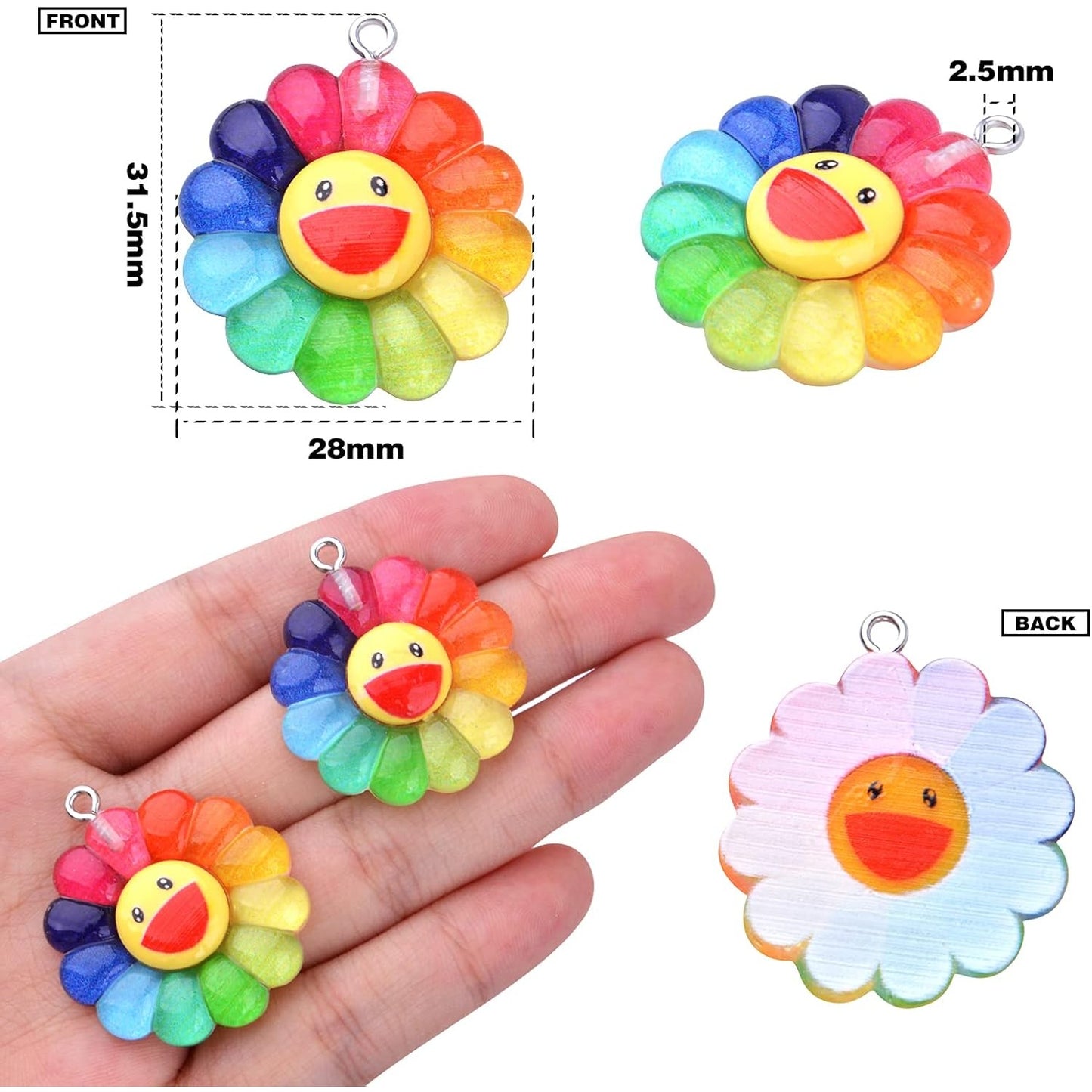 20pcs Colorful Smiley Sunflower Charms Resin Rainbow Smiling Face Flower Pendants Sunflower Beads Charm Collection Crafts for DIY Bracelet Necklace Earring Jewelry Making