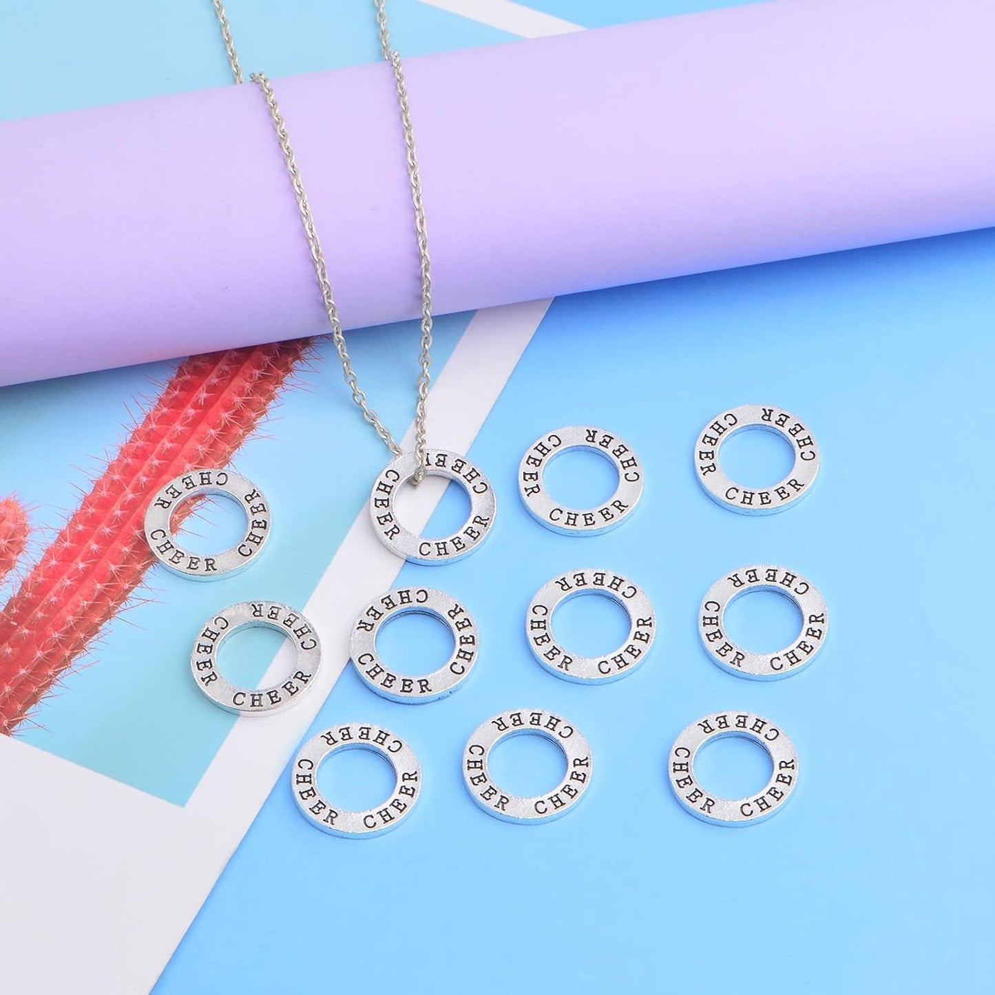 20pcs 22.5 mm Antique Silver Circle Cheer Charms Connectors Alloy Round Engraved Word Cheer Stamped Pendants for DIY Necklace Bracelet Jewelry Making Cheering Gifts