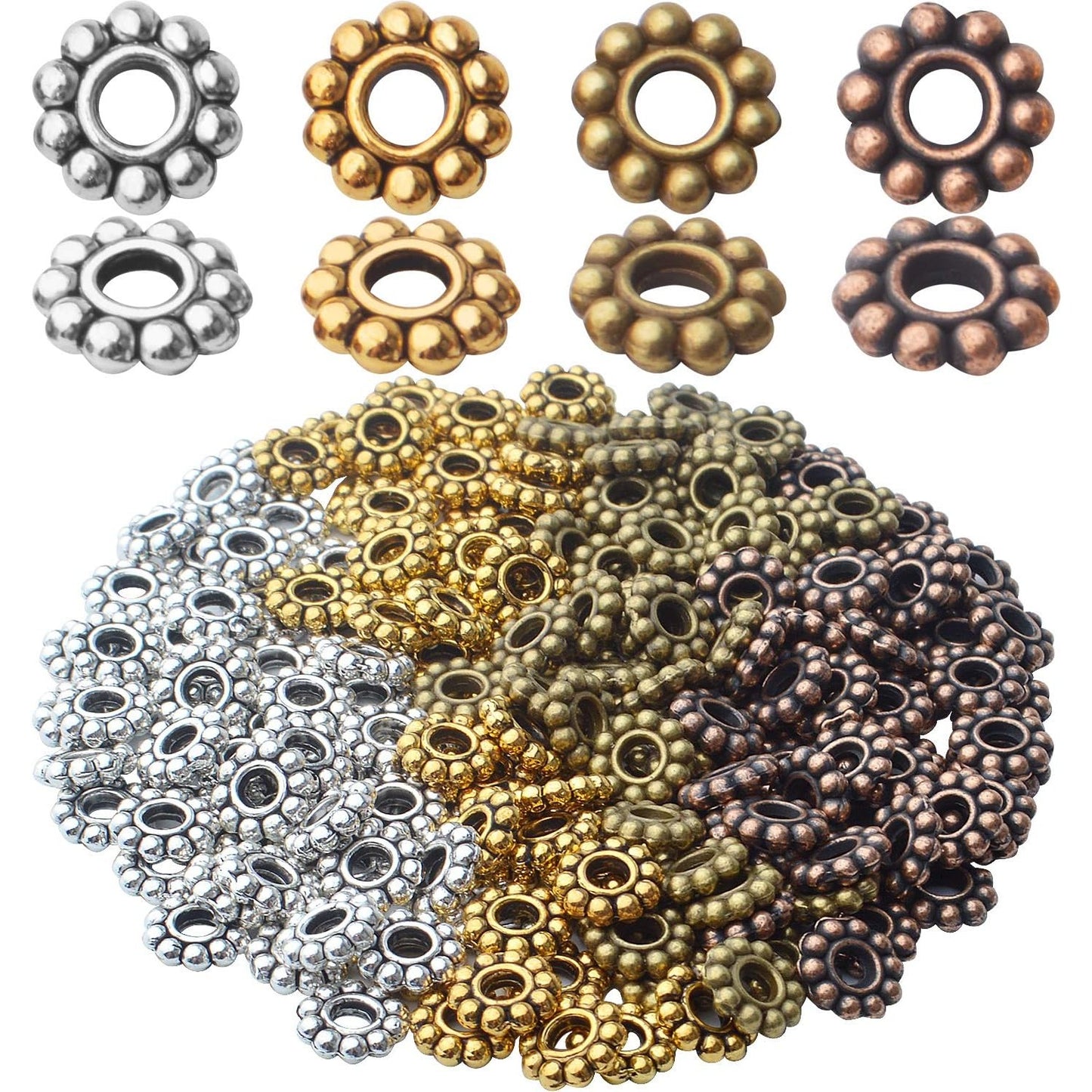 200pcs 4 Colors 6mm Flower Spacer Beads Tibetan Alloy Daisy Spacers Snowflake Loose Beads Jewelry Spacer Charms for DIY Bracelet Jewelry Crafts Making