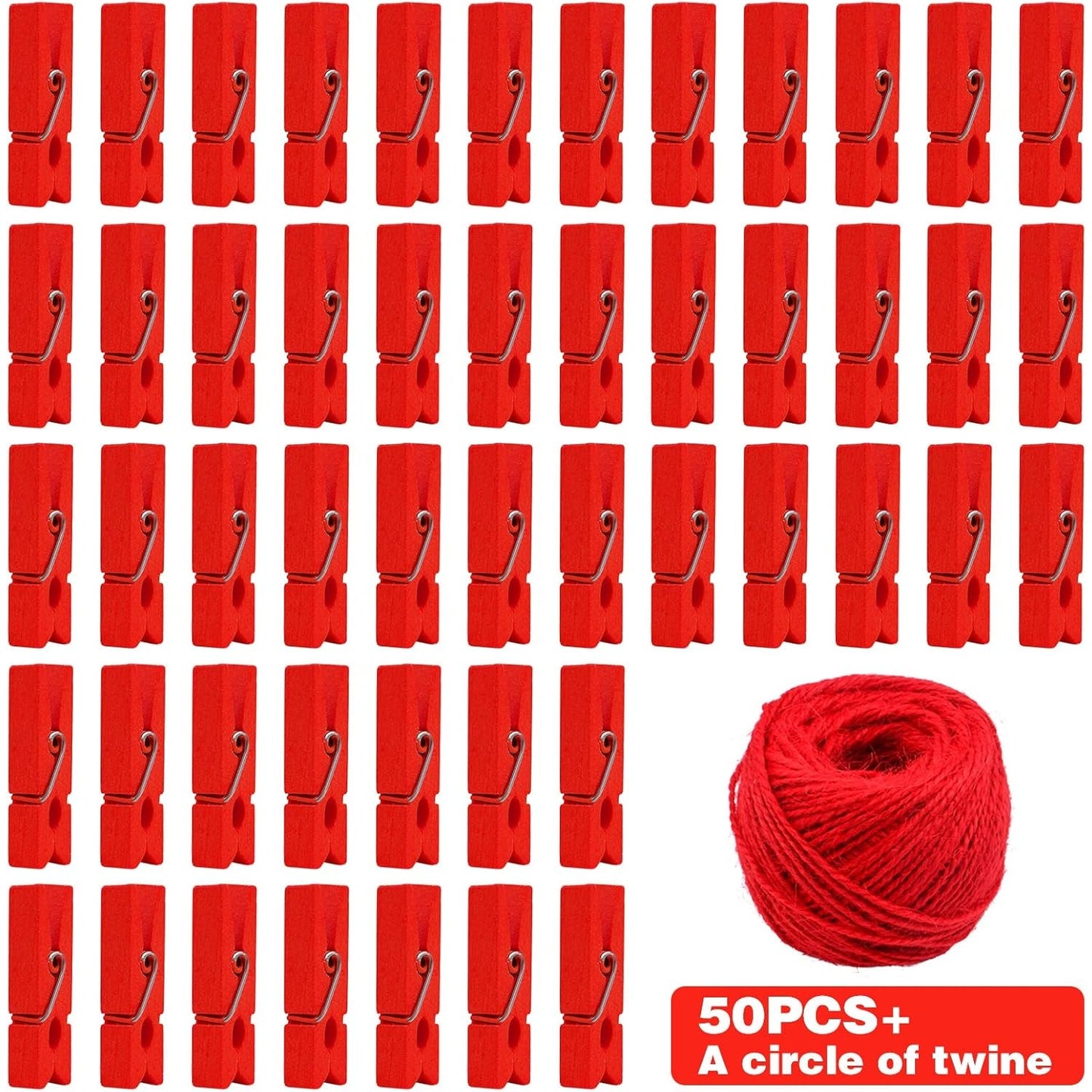 50 Pieces Red Wooden Clothespins Photo Paper Clips Mini Laundry Peg Pins with 50 Meters Twine for DIY Crafts Christmas Wedding Party Decoration