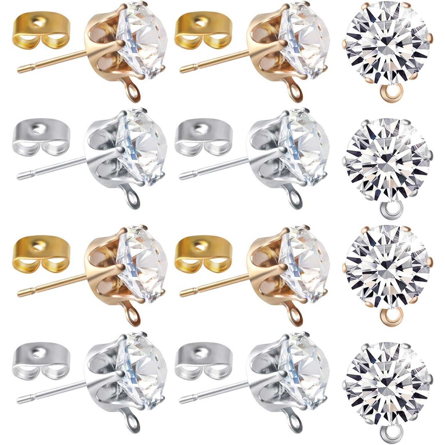 60pcs Rhinestone Earring Posts Hypoallergenic Ear Studs with Loop and 60pcs Butterfly Earring Backs Earring Stoppers for DIY Earring Jewelry Findings Accessories