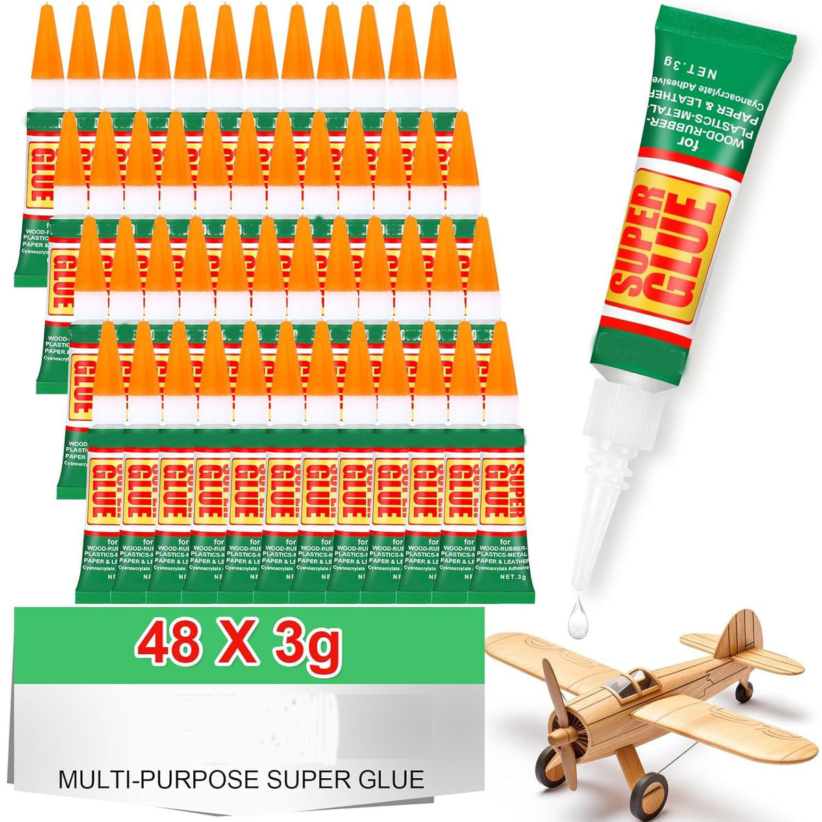 HENDEVL 48 X 3g Super Glue Clear, Strong Adhesive,Super Glue Fast Drying Cyanoacrylate Glue for Wood,Rubber,Leather, Plastic, Metal, Rhinestone Jewelry, DIY Crafts and More