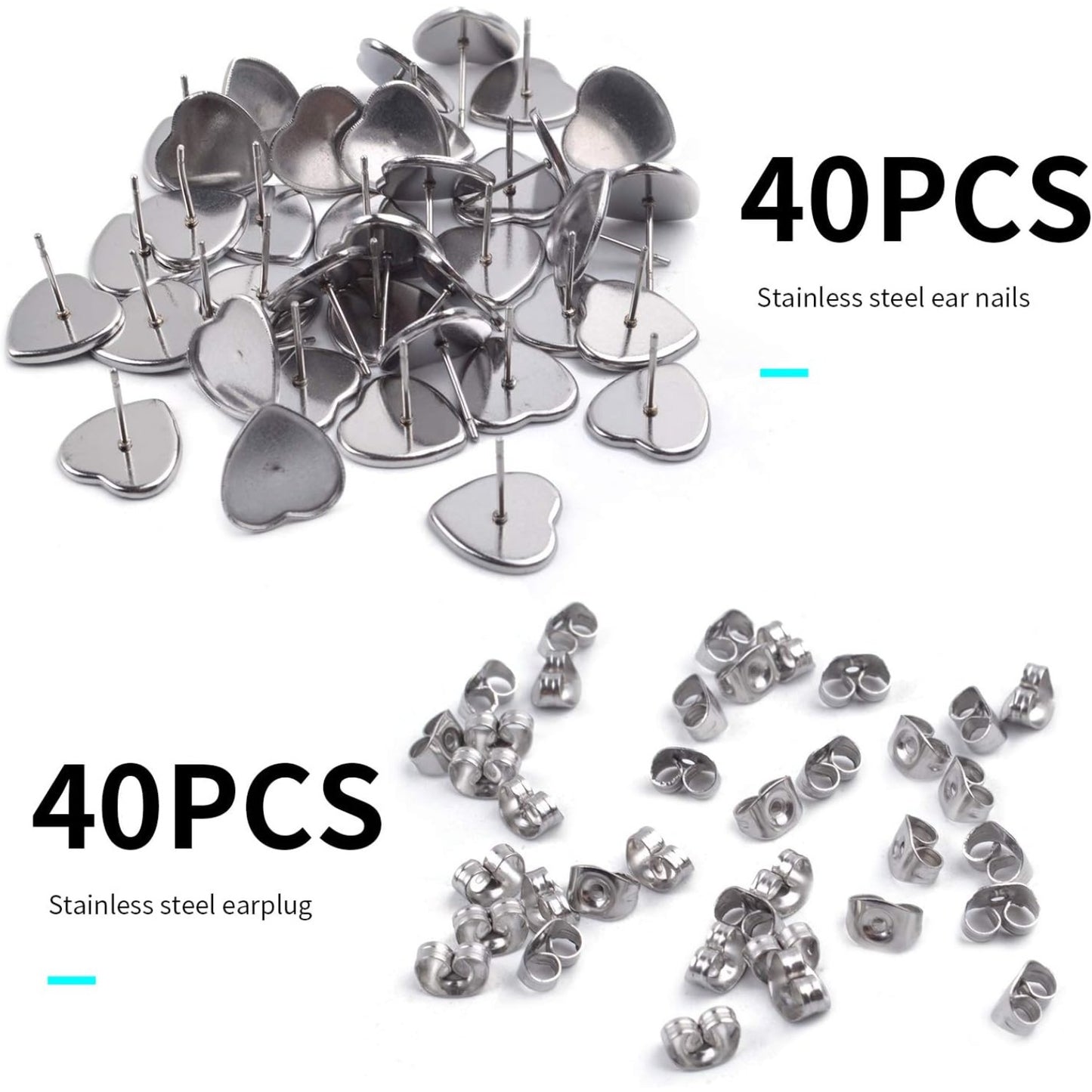 Earring Cabochon Settings, 40 Pieces Cabochon Stud Earrings Blank Heart Shape Earring Bezel Tray with 40 Pieces Earring Safety Backs for Jewelry Making,Bronze