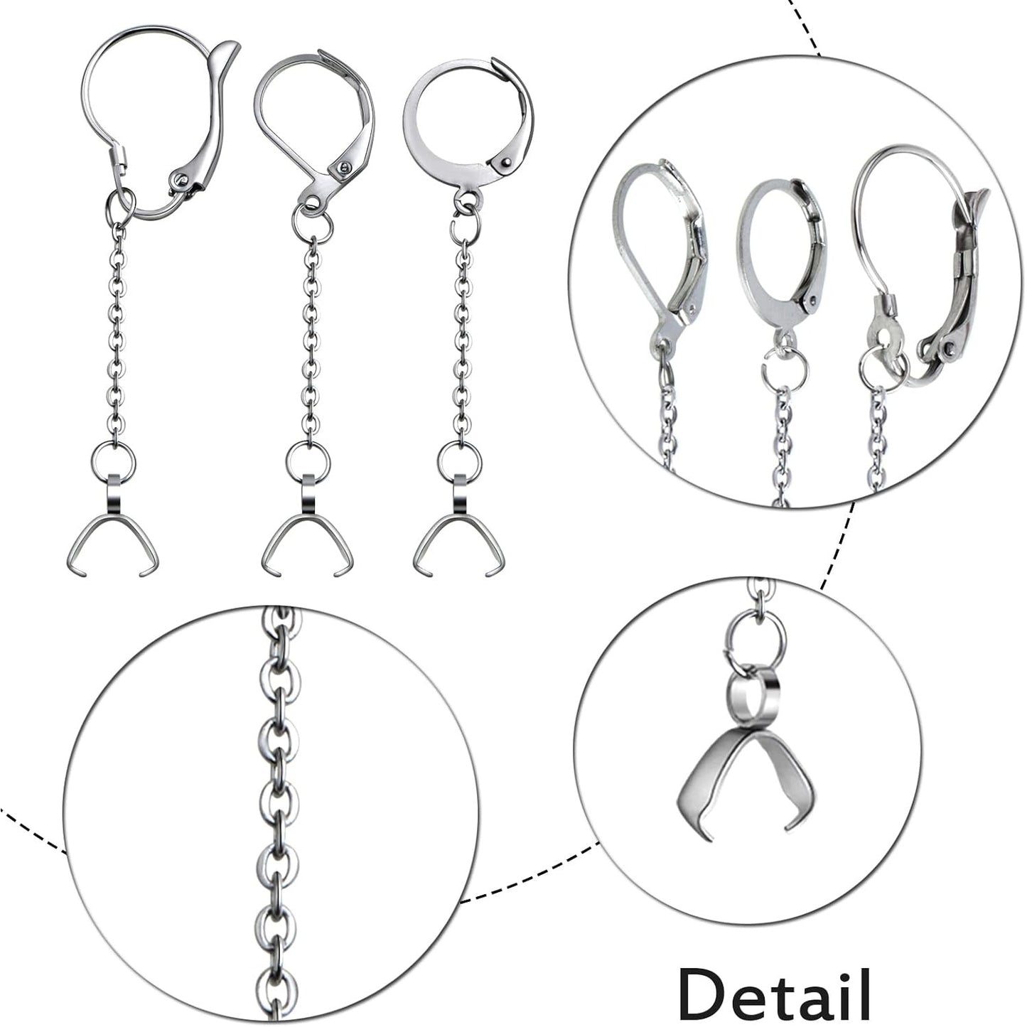 6pcs Stainless Steel Leverback Earring Hooks Hypoallergenic French Ear Wires with Open Loop and Pinch Clasp Chains for DIY Earring Jewelry Making Findings, 3 Sizes