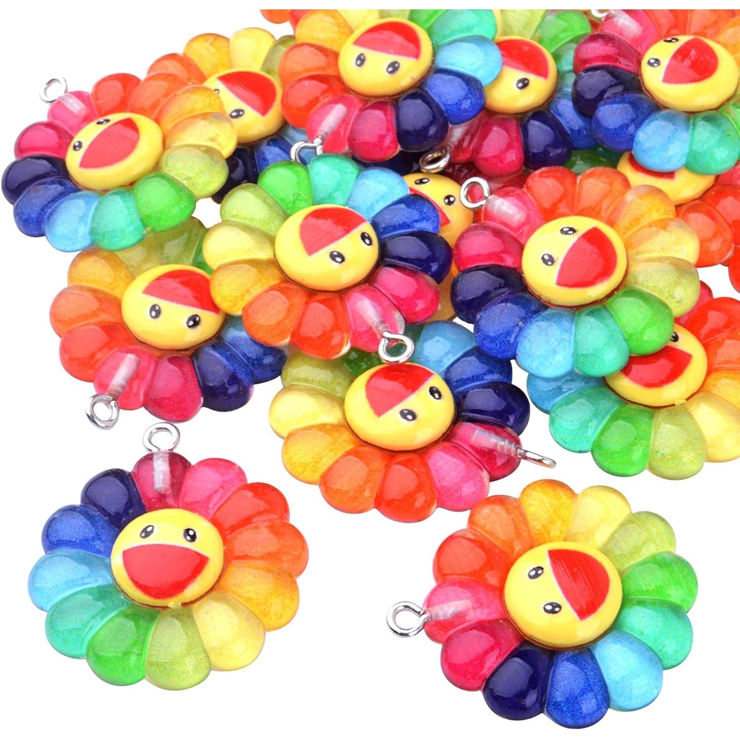 20pcs Colorful Smiley Sunflower Charms Resin Rainbow Smiling Face Flower Pendants Sunflower Beads Charm Collection Crafts for DIY Bracelet Necklace Earring Jewelry Making