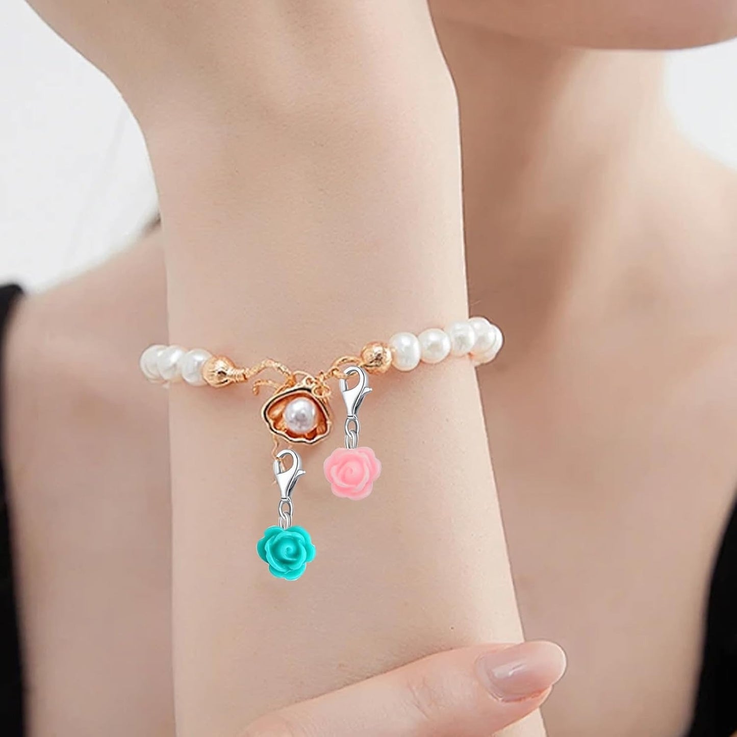 24pcs Clip On Flower Charms Rose Dangle Charms Pendant with Lobster Clasp for DIY Bracelet Necklace Jewelry Making,12 Colors