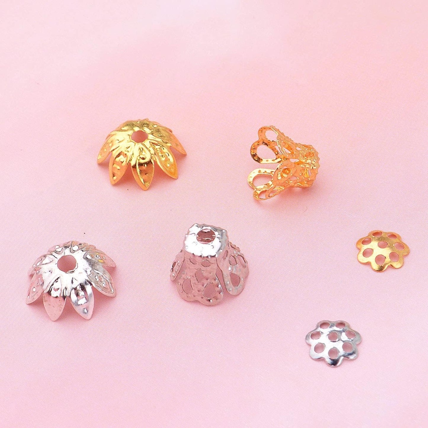 2400pcs Filigree Flower Beads Caps Metal Spacer Beads Caps Hollow Cone End Caps Jewelry Making Accessories for DIY Bracelet Earring Necklace Craft Supplies, 3 Styles, Golden and Silver