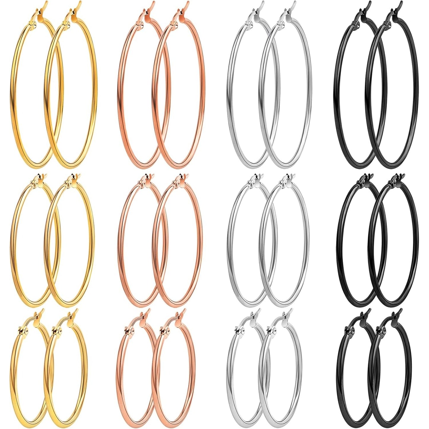 12 Pairs 3 Sizes 4 Colors Hypoallergenic Earring Hoops Findings Stainless Steel Hoops Earrings Set Big Open Beading Hoop Earrings for DIY Art Crafts Jewelry Making