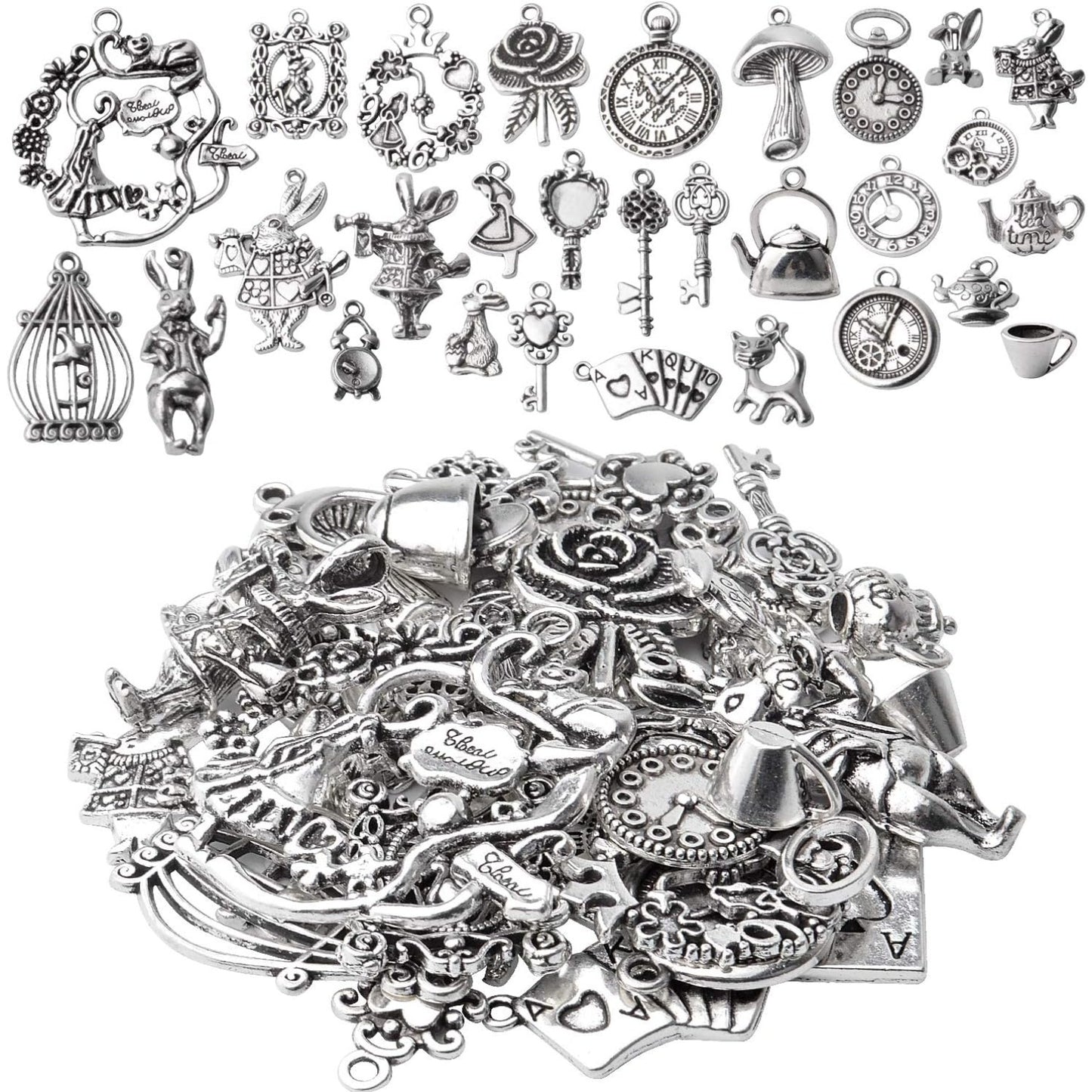 40pcs Antique Silver Alice in Wonderland Charm Alloy Tales Tea Party Steampunk Victorian Necklace Bracelet Charms Pendants for DIY Jewelry Making Crafts Supplies