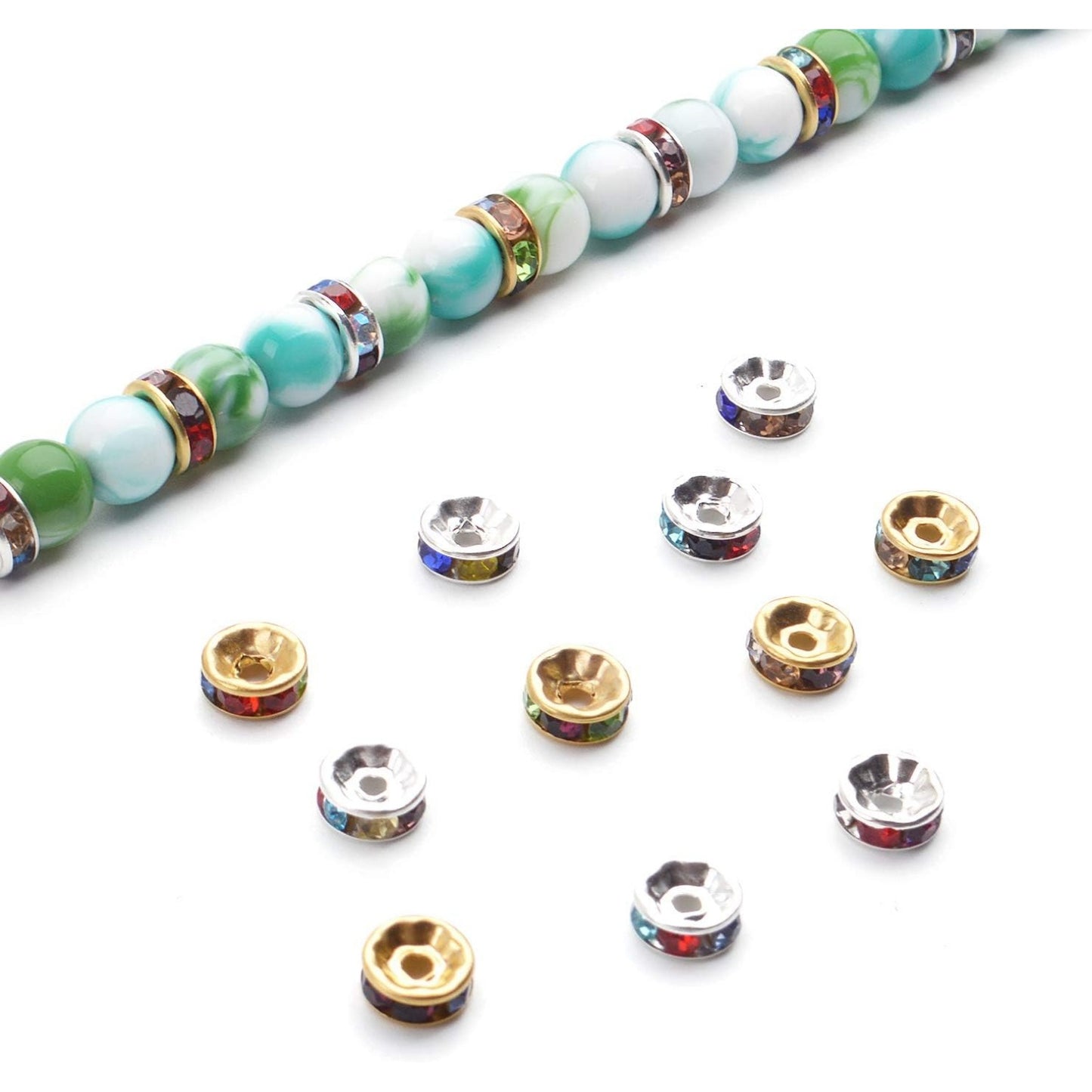 200pcs 8mm Multicolor Rhinestone Spacer Beads Mixed Crystal Rondelle Beads for Bracelets Necklaces Jewelry Making,Gold & Silver