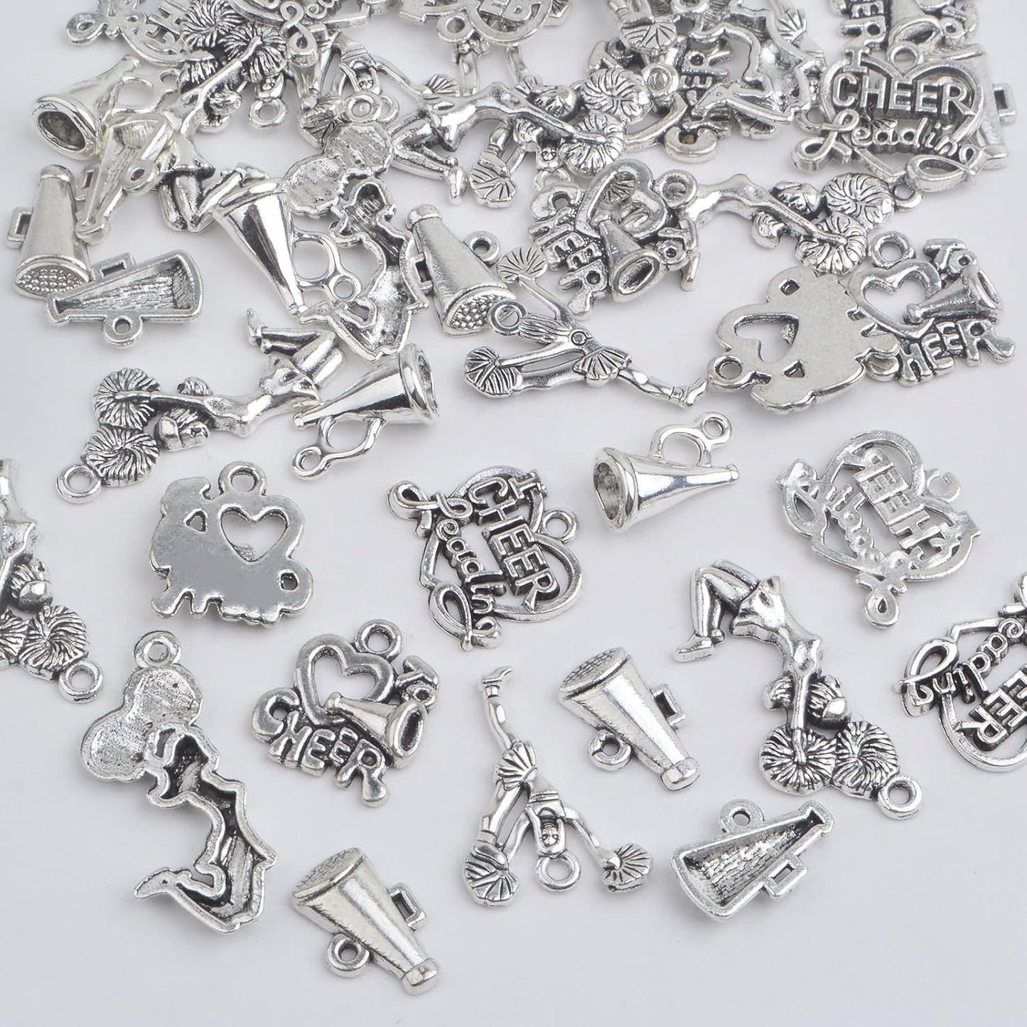 60pcs 6 Styles Antique Silver Cheerleading Theme Charms Tibetan Alloy Gymnastics School Sports Pendants Collection for DIY Necklace Bracelet Jewelry Making Supplies