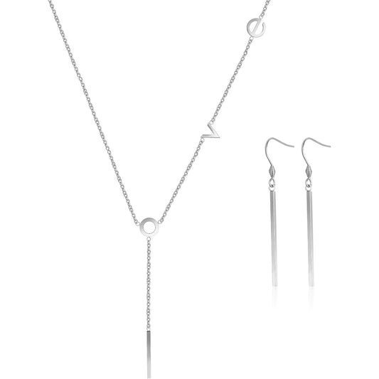 1pcs Stainless Steel Letters Love Pendant Necklace and 1 Pair Long Vertical Bar Drop Earrings Fish Hooks Jewelry Set for Women