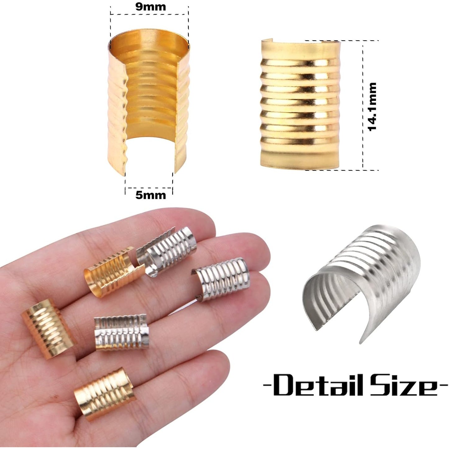 100pcs Leather Rope Clips Foldable Metal Round Fastener Crimping Cord String Leather Cord Clamp for DIY Handmade Necklace Crafts Jewelry Making Findings, Light Golden and Silver, 14.1 mm x 9 mm