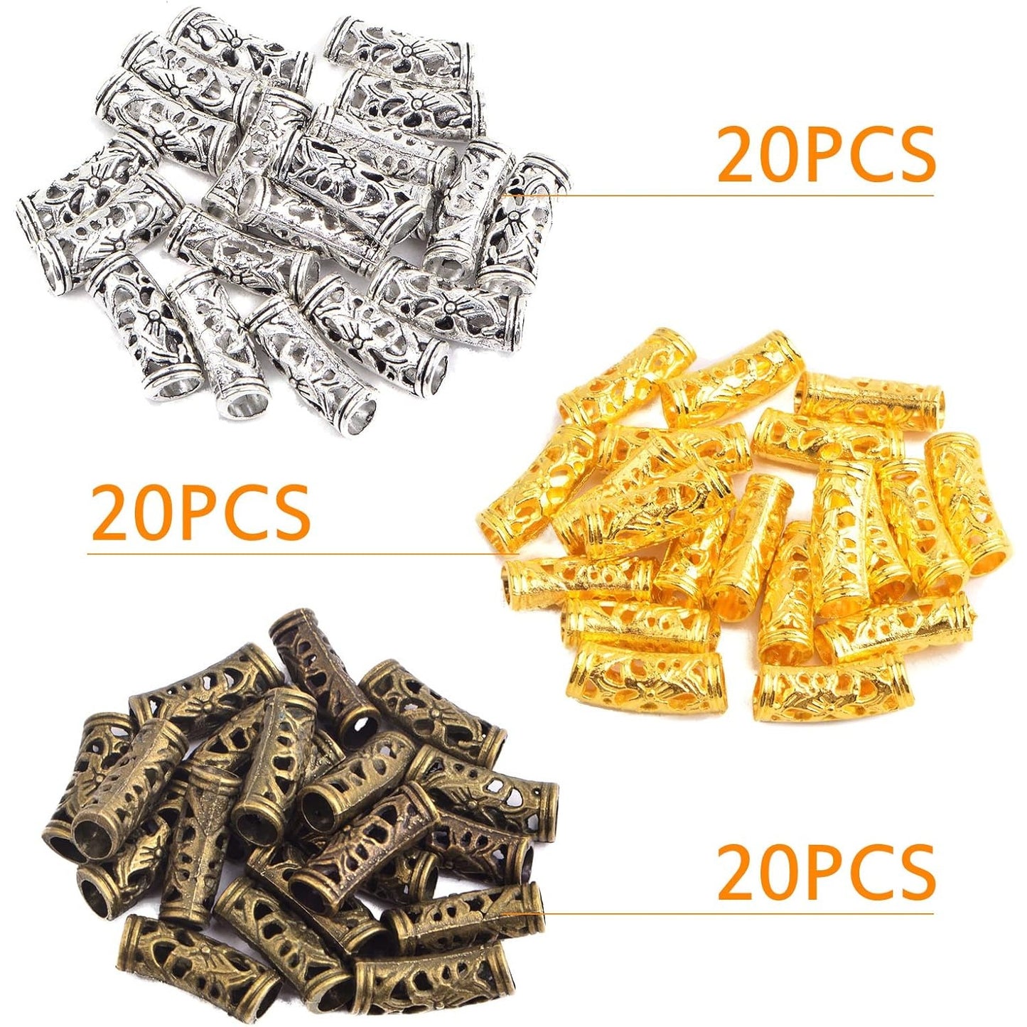 60pcs Tibetan Hollow Column Spacer Beads Alloy Large Hole Long Curved Tube Slide Loose Beads for DIY European Charms Jewelry Making Findings, 3 Colors, Hole: 5 mm