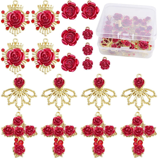 20pcs KC Golden Plated Alloy Lovely Roseflower Charms Resin Red Rose Flower Dangle Pendants with a Box for DIY Necklace Earrings Jewelry Making Valentine's Gifts, 5 Styles